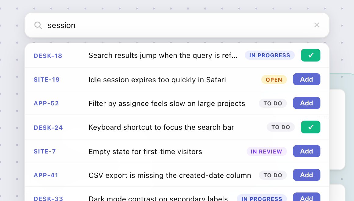 Search results for Jira issues with Add and already-on-canvas checkmarks